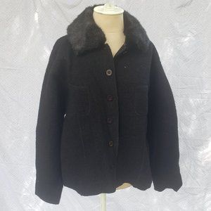 Lisa International Black  Boiled Wool Coat imitation fur removable collar